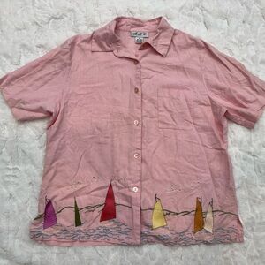 A.K.C Pink Button-Up Shirt with Colorful Embroidery